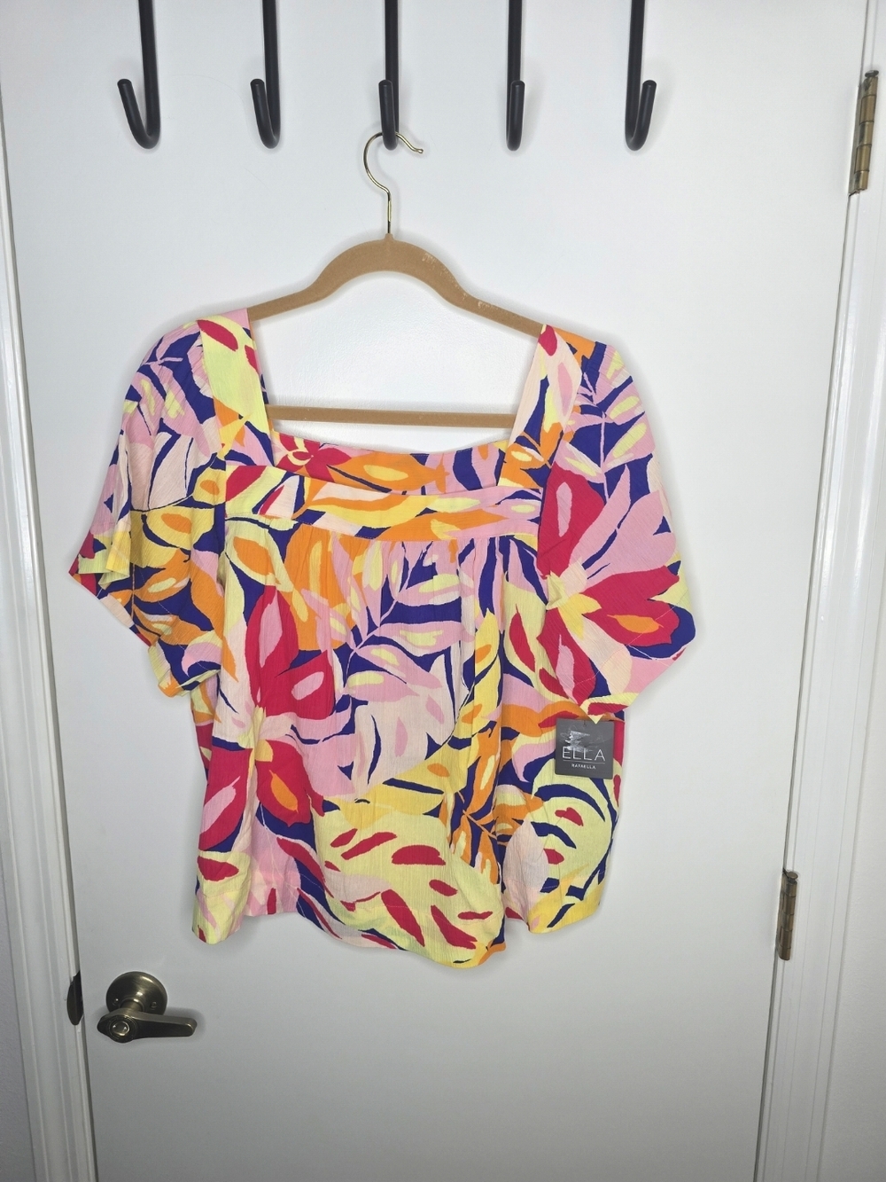 Ella Vibrant Tropical Floral Square-Neck Top in Pink, Yellow & Blue